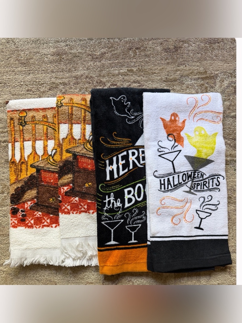 Vintage Halloween Kitchen Towels - Black, White, Orange, Yellow, Brown EC